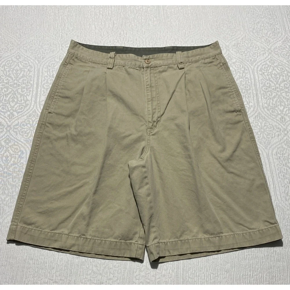 Arizona Jean Co Mens Khaki Pleated Chino Shorts Tan Cotton Utility Size 34